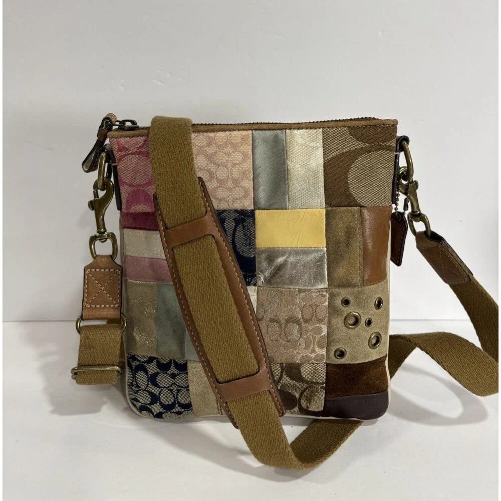 Vtg Coach Signature Patchwork Crossbody Bag Mix Canvas Suede Leather Multicolor